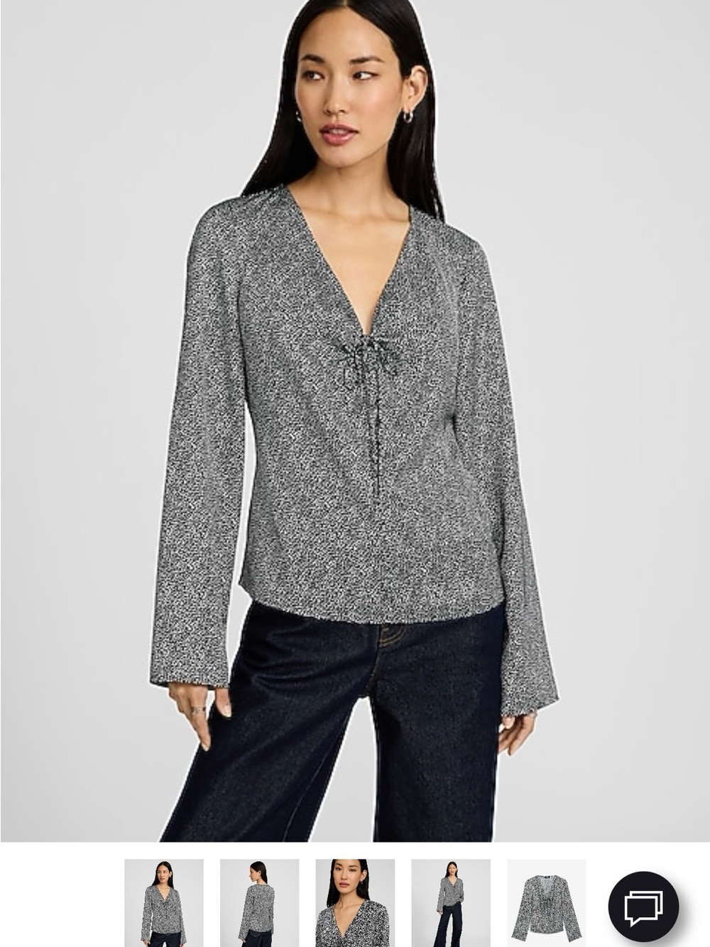 Express Black & White V-Neck Tie-Front Long Sleeve Blouse